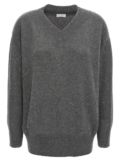 Brunello Cucinelli V-neck Cashmere And Silk Blend Sweater In Gray
