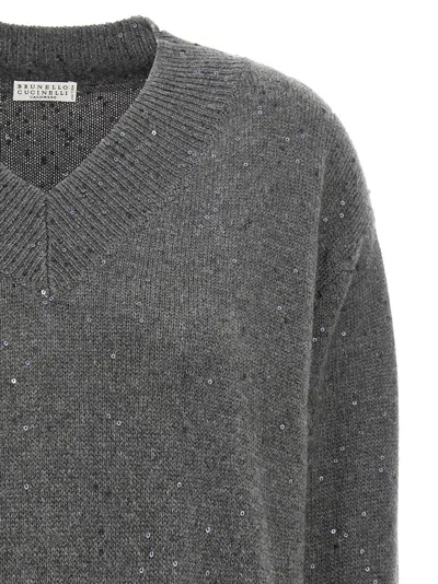 Brunello Cucinelli V-neck Cashmere And Silk Blend Sweater In Gray