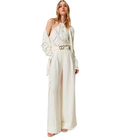Twinset Twin-set Off-white Cardigan With Feathers