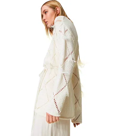 Twinset Twin-set Off-white Cardigan With Feathers