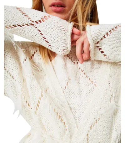 Twinset Twin-set Off-white Cardigan With Feathers