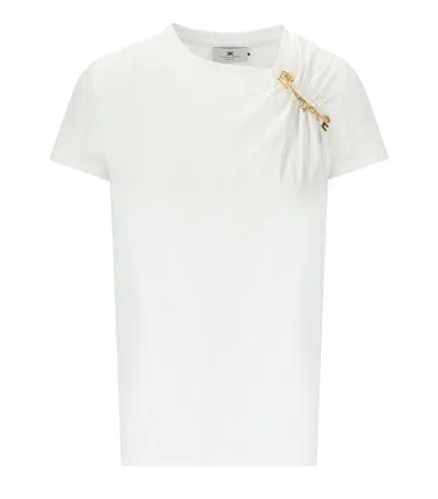 Elisabetta Franchi Asymmetric Neckline T-shirt With Gold Brooch Accents