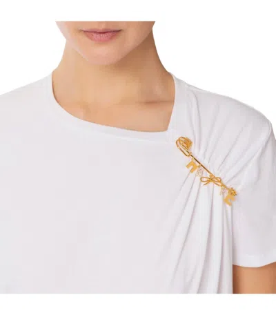 Elisabetta Franchi Asymmetric Neckline T-shirt With Gold Brooch Accents