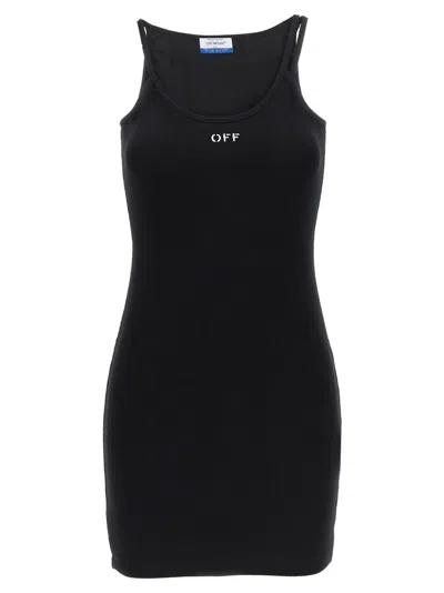 Off-white Ribbed Stretch Mini Dress With Scoop Neckline In Black