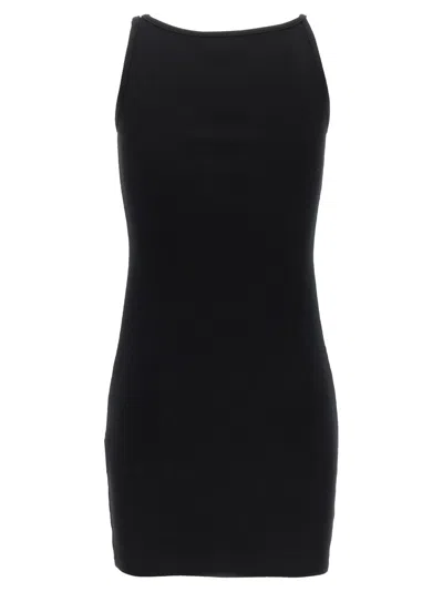 Off-white Ribbed Stretch Mini Dress With Scoop Neckline In Black