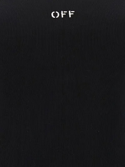 Off-white Ribbed Stretch Mini Dress With Scoop Neckline In Black