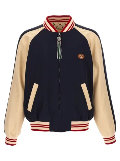 Valentino Sporty Bomber Jacket With Embroidered Details In Blue