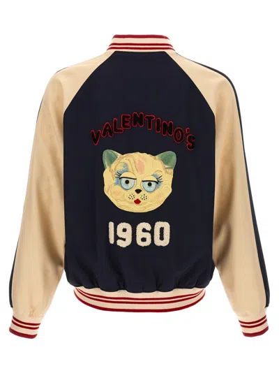 Valentino Sporty Bomber Jacket With Embroidered Details In Blue