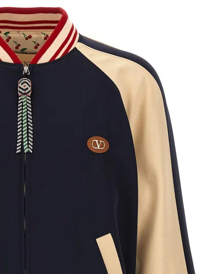 Valentino Sporty Bomber Jacket With Embroidered Details In Blue