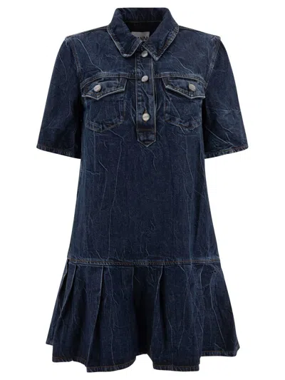Ganni Crinkled Future Denim Mini Dress In Blue