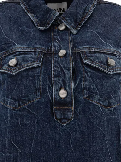 Ganni Crinkled Future Denim Mini Dress In Blue