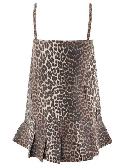 Ganni Leopard Print Denim Mini Dress In Gray
