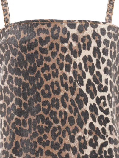Ganni Leopard Print Denim Mini Dress In Gray