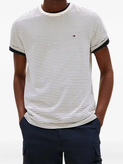 Tommy Hilfiger Ivory And Blue Stripes T-shirt With Logo. In Black