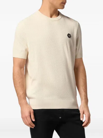 Philipp Plein Ribbed Short-sleeve Sweater In Neutral