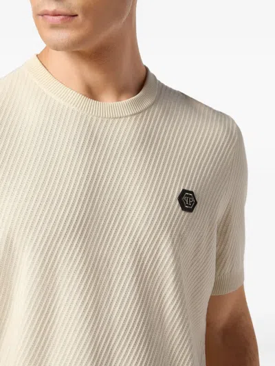 Philipp Plein Ribbed Short-sleeve Sweater In Neutral