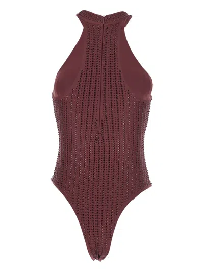 Venuja High-neck Embellished Swimsuit In Burgundy