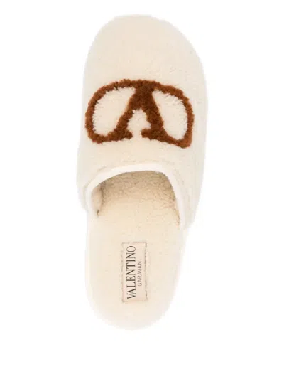 Valentino Logo-embroidered Slippers In White