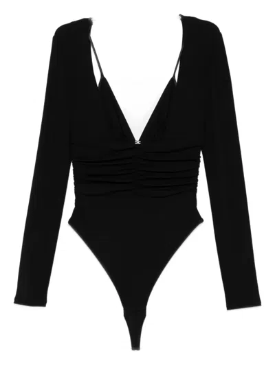 Elisabetta Franchi Long-sleeve Ruched Bodysuit In Black