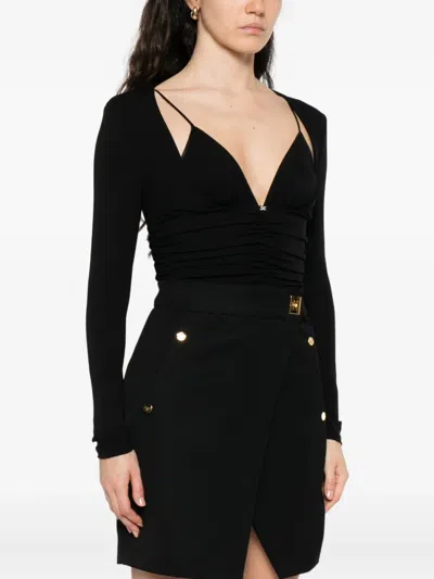 Elisabetta Franchi Long-sleeve Ruched Bodysuit In Black