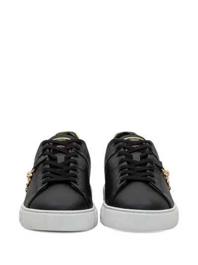 Versace Black Low Top Sneakers With Contrasting Heel With Logo Lettering And Medusa Plaque In Tech Fabric Ma
