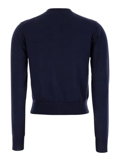 Maison Kitsuné Blue Crewneck Cardigan With Logo Patch On The Front In Wool Woman In Blue