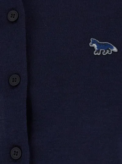 Maison Kitsuné Blue Crewneck Cardigan With Logo Patch On The Front In Wool Woman In Blue