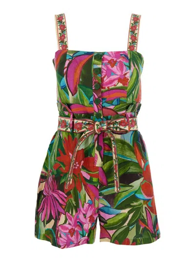 Farm Rio 'jardin De Reve' Multicolor Jumpsuit With Waist Waist Belt And All-over Floral Print In Linen Blend 