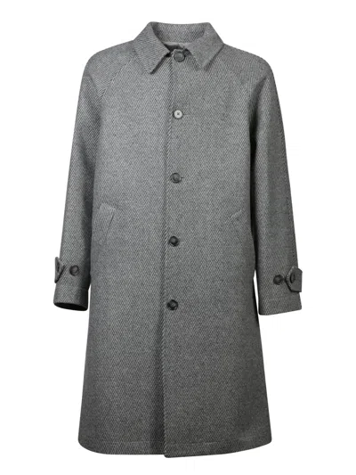 Officine Generale Raglan Wool Stripes Grey Coat In Gray