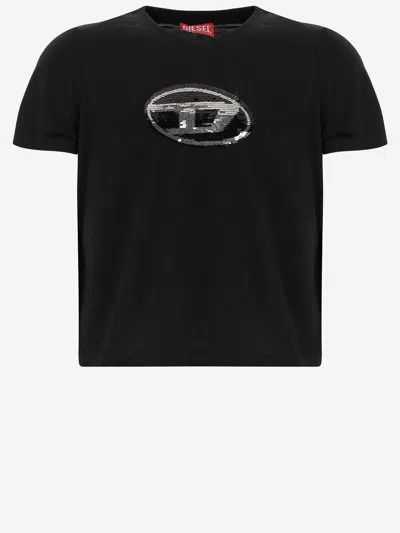 Diesel Cotton T-shirt With Sequin Logo In Black