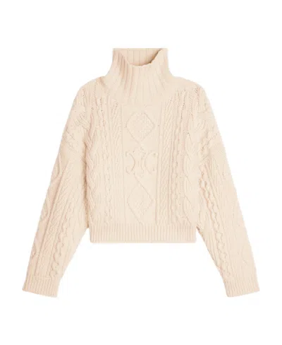 Celine High Neck Sweater In Aran Cashmere Wool In Neutral