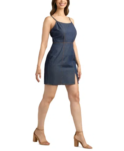 Bcx Juniors' Washed Denim Front-slit Mini Dress In Blue