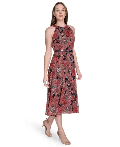 Tommy Hilfiger Women's Chiffon Printed Halter Midi Dress In Black