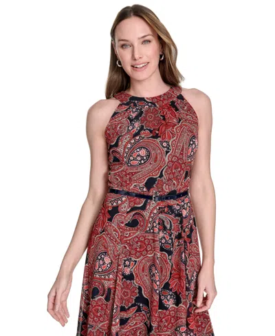 Tommy Hilfiger Women's Chiffon Printed Halter Midi Dress In Black
