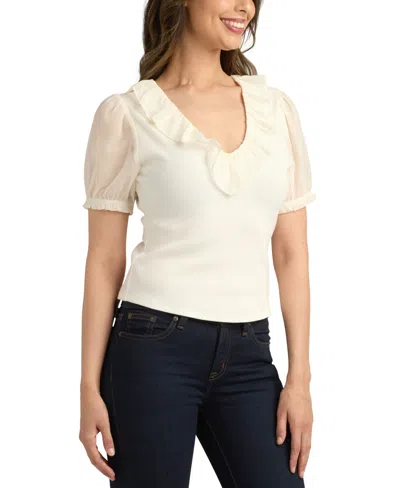 Bcx Juniors' Ribbed Puff-sleeve Ruffle Top In White