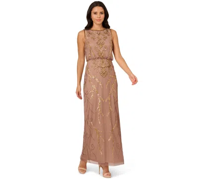 Adrianna Papell Beaded Blouson Evening Gown In Brown