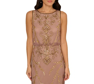 Adrianna Papell Beaded Blouson Evening Gown In Brown