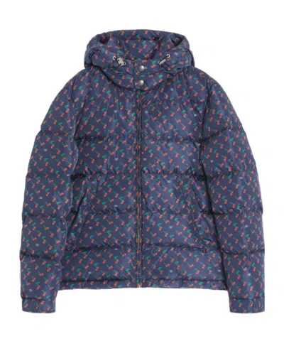 Valentino Nylon Hooded Down Jacket With Cherryfic Print In Blue