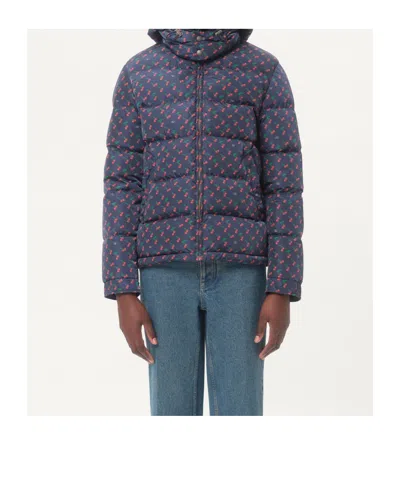 Valentino Nylon Hooded Down Jacket With Cherryfic Print In Blue