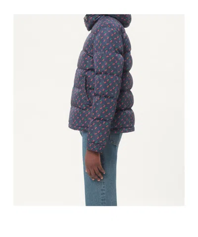 Valentino Nylon Hooded Down Jacket With Cherryfic Print In Blue