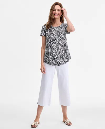 Jm Collection Women's Printed Scoop-neck Short Sleeve Top Exclusively At Macy's In Black