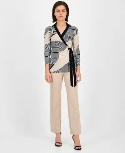 Anne Klein Women's Geo-print 3/4-sleeve Wrap Top In Gray