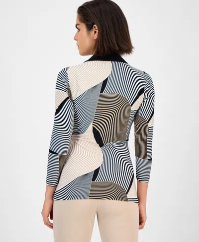 Anne Klein Women's Geo-print 3/4-sleeve Wrap Top In Gray