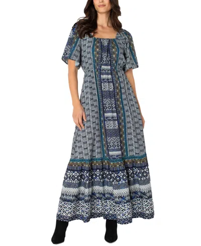 Liverpool Los Angeles Printed Square Neck Elbow Sleeve Maxi Dress In Blue