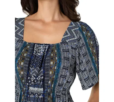 Liverpool Los Angeles Printed Square Neck Elbow Sleeve Maxi Dress In Blue