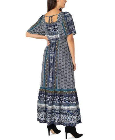 Liverpool Los Angeles Printed Square Neck Elbow Sleeve Maxi Dress In Blue