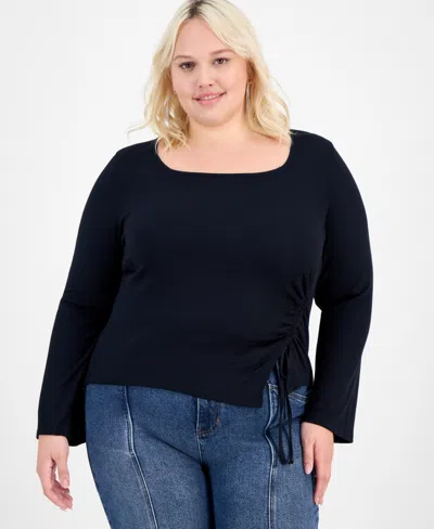 Full Circle Trends Trendy Plus Ruched Asymmetric-hem Square-neck Top In Blue