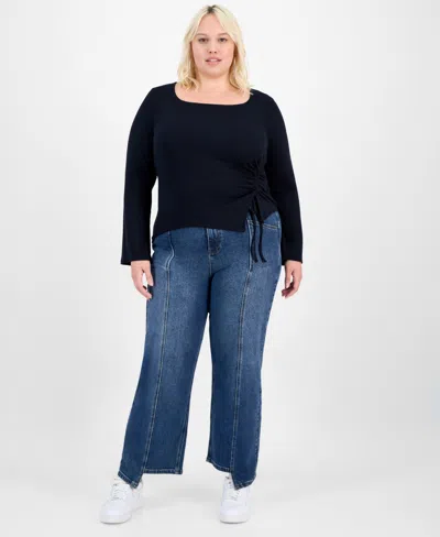 Full Circle Trends Trendy Plus Ruched Asymmetric-hem Square-neck Top In Blue
