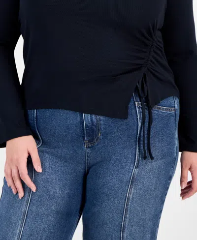 Full Circle Trends Trendy Plus Ruched Asymmetric-hem Square-neck Top In Blue