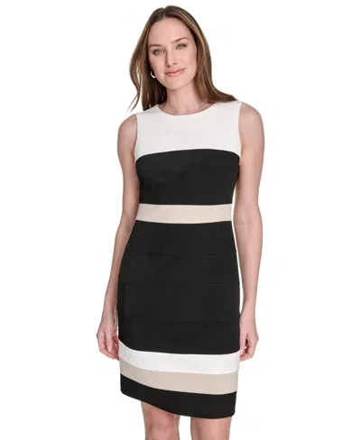 Tommy Hilfiger Sleeveless Colorblock Scuba Sheath Dress In Black